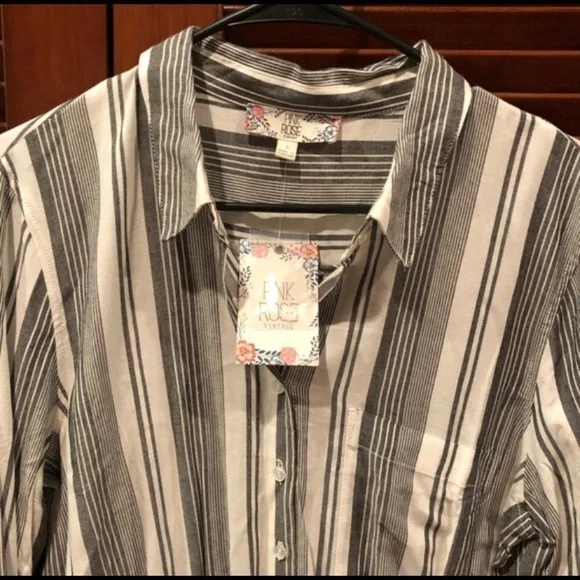 PINK ROSE black natural long sleeve shirtdress summer neutral pinstripe - Picture 12 of 13